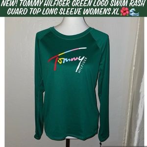 New! Tommy Hilfiger Green Logo Swim Rash Guard Top Long Sleeve Womens Size XL🌺